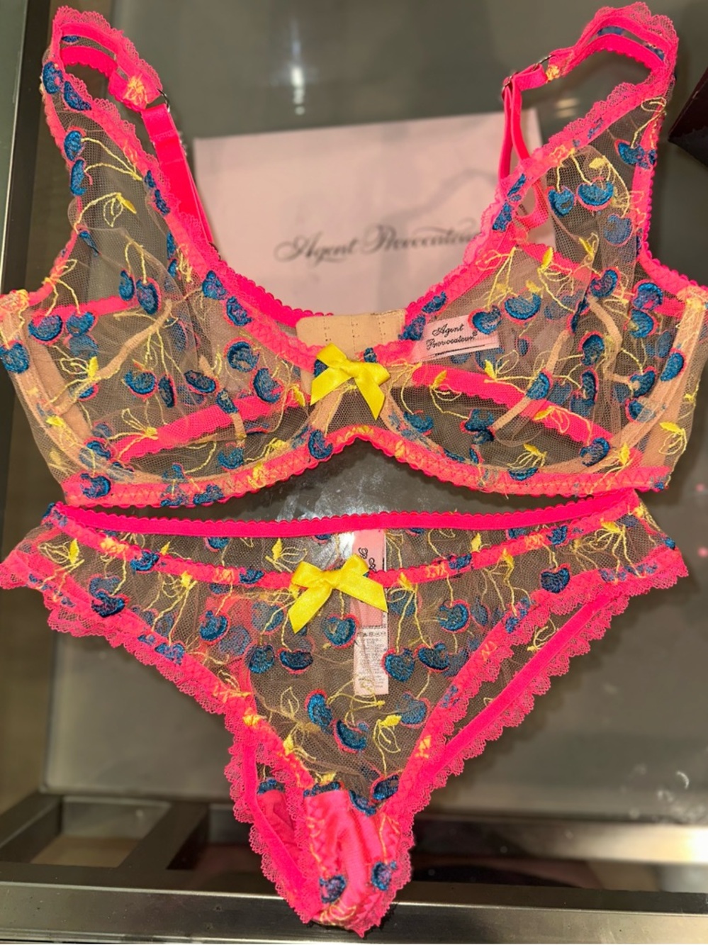 Agent Provocateur 36D 2 cherries 🍒 cherry Embroidered Sheer Bra & Brief Set